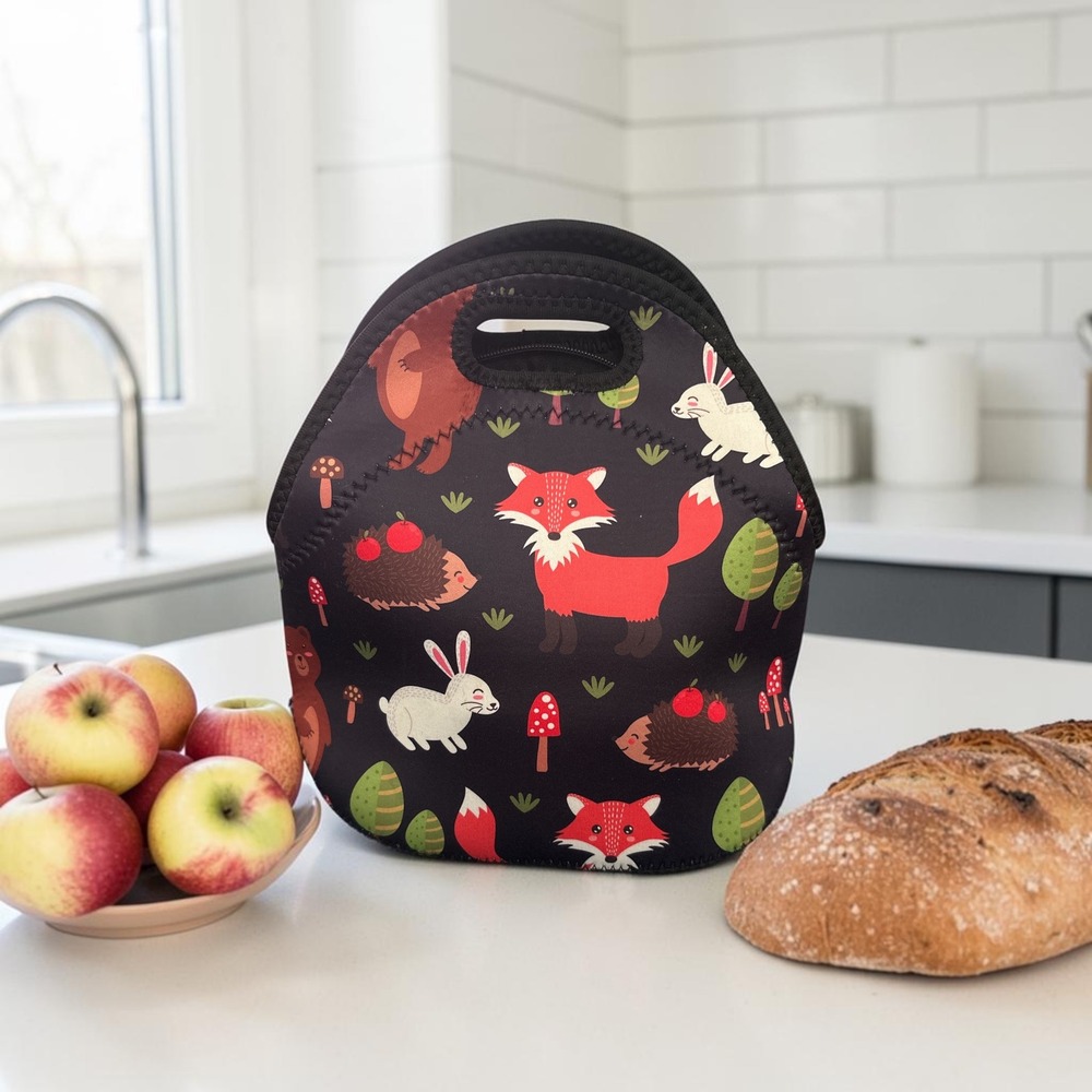 Woodland Animal Print Neoprene Insulated Lunch Bag Fox Bunny Bear Black Tote